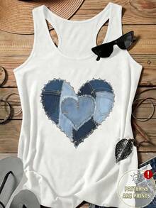 EMERY ROSE Women's Casual Denim Effect Heart Shaped Strap Tank Top, Slightly Sheer Summer Back To School, Casual - White - View 1