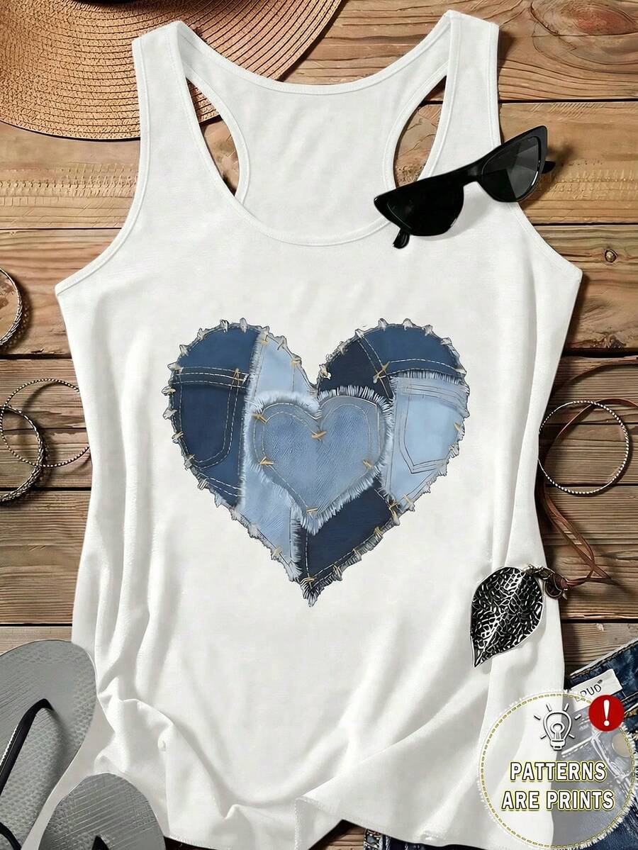 EMERY ROSE Women's Casual Denim Effect Heart Shaped Strap Tank Top, Slightly Sheer Summer Back To School, Casual - White - View 1