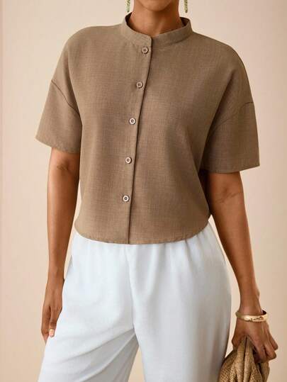Vesra Women's Solid Color Drop Shoulder Short Sleeve Single-Breasted Casual Linen-Like Short Shirt