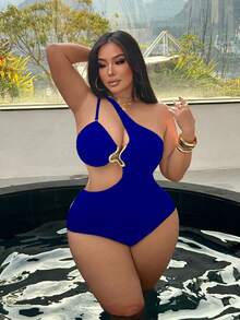 Swim SXY Áo tắm liền thân cỡ lớn dành cho nữ, màu trơn, cổ bất đối xứng, dây đeo có thể tháo rời, khoét rỗng, thích hợp cho kỳ nghỉ biển. - Màu xanh lam - Xem 4