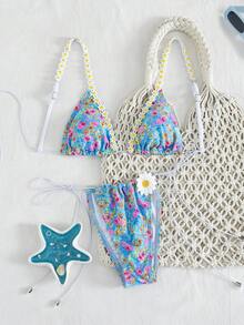 Swim Mod 新款女士优雅可爱碎花两件套比基尼套装 - 蓝色碎花三角上衣，饰有雏菊蕾丝边，系带下装，饰有雏菊贴花 - 顺滑弹力透气面料 - 可调节肩带，尽显迷人身姿，甜美夏日风情 - 夏季海滩度假、泳池派对、音乐节、婚礼、春假度假、热带之旅的完美泳装之选 - 彩色 - 查看 3