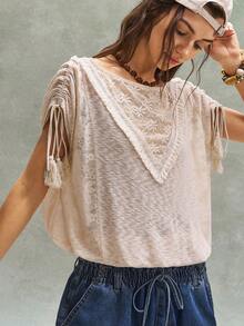 Bohemela Summer BOHO Easter Music Festival Casual Vacation Countryside Retro Outfit Daily Wear Casual Knit Contrast Lace Round Neck Loose Women T-Shirt Women's Tops For Summer Boho Tops For Women,Summer Top - Apricot - View 4