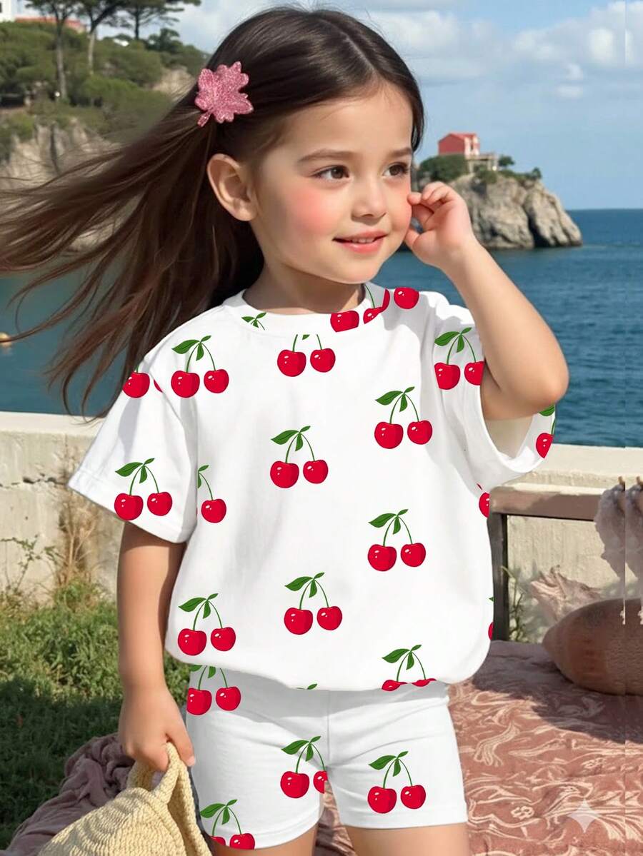 SHEIN 1 Set Toddler Girls' Sweet Cute Cherry Fruit Pattern Vacation Style Printed Short Sleeve Round Neck T-Shirt And Shorts Suitable For Spring To Summer - Multicolor - View 1