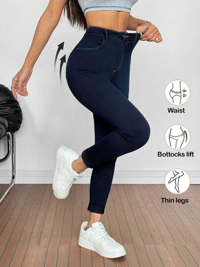 SHEIN PETITE Summer Women's Casual Outfit For Women Going Out Outfits Everyday Highly Elastic Comfortable Fabric Sweatpants Pockets Button Denim Jeans