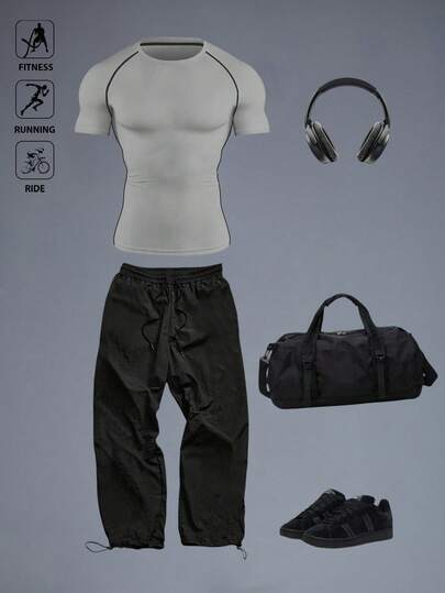 Manfinity Sport Corelite Men's Round Neck Short Sleeve Top And Pants Casual Sportswear Set