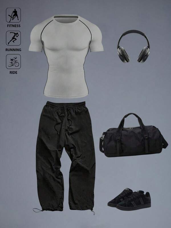 Manfinity Sport Corelite Men's Round Neck Short Sleeve Top And Pants Casual Sportswear Set