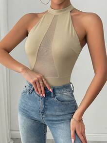 Glamine 女士性感风格连体衣，夏季新款网纱透视高领无袖修身叠穿上衣，修身显高挑，适合女士夏季海滩度假和日常穿着的多功能连体衣。 - 卡其色 - 查看 6