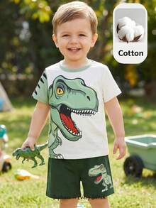 Cozy Pixies 2件套男婴卡通动物印花柔软针织圆领短袖上衣和松紧腰裤套装 - 綠色 - 查看 9