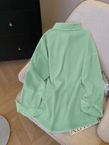Franclia Plus Size Women's Solid Color Single-Breasted Casual Versatile Daily Wear Long Sleeve Shirt Fall - Green - View 2