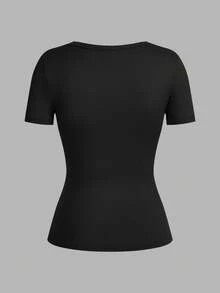 SHEIN EZwear 3件套女士深V领紧身休闲短袖基础款叠穿长袖T恤套装，适合春夏穿着，女士黑色V领T恤基础款上衣修身款T恤3件装，夏季上衣 - 黑色 - 查看 7