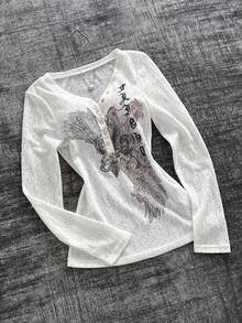 SHEIN Women's Minimalist Print Long Sleeve Top - White - View 4