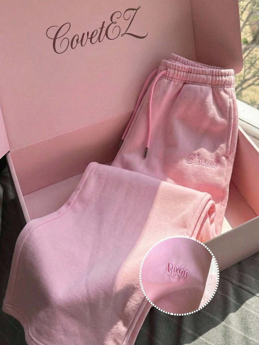 CovetEZ 女士抽绳腰带字母刺绣休闲百搭日常阔腿运动裤套装 女士粉色套装 女士休闲裤 女士慢跑裤 女士家居服 女士慢跑裤套装 粉色运动裤 - 粉色 - 查看 1