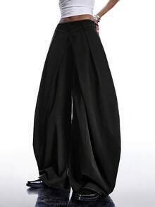 LYSMO 2026新款极简春夏女式黑色条纹褶裥口袋阔腿宽松休闲裤，阔腿裤，褶裥裤，宽松裤，加大码裤，蝴蝶结裤，适合工作/商务休闲/办公室穿着 - 黑色 - 查看 3