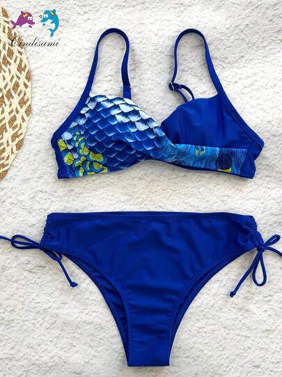 Conjunto de baño de tres piezas para mujer, bikini separado de color azul con diseño de pavo real, incluye camisa de playa de manga larga protectora solar, diseño con cordón ajustable, ropa de playa para mujer