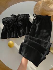 Comfortcana Bộ 2 áo và quần ống rộng màu trơn cho nữ - màu đen - Xem 3