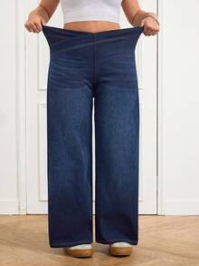 SHEIN PETITE CURVE 夏季加大码娇小曲线女式弹力腰阔腿宽松休闲高腰弹力牛仔阔腿裤，女士弹力腰加大码休闲牛仔裤，高弹舒适面料，百搭牛仔裤 - 深色水洗藍 - 查看 5