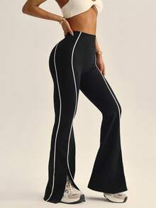 Dewbera Women's Seamless Contrast Trim Split Hem Sports Pants Boot Cut Yoga Pants Flare Yoga Pants Women Flare Leggings Flare Workout Pants Flared Leggings Black And White Work Out Pants - Black - View 4