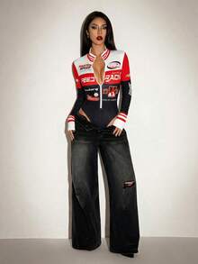 SHEIN ICON Body de mujer con estampado de letras, manga larga y cremallera frontal hasta la mitad - Multicolor - Ver 6