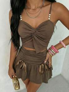 Glamine Elegant Satin Ribbon Drawstring Double-Layer Ruffle Hem Skirt - Army Green - View 1