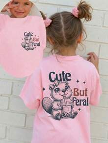 女童圆领卡通字母印花休闲百搭日常短袖T恤 - 粉色 - 查看 2