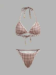 lacRébo Brown And Ecru Gingham Triangle Bikini Set With A Little Gold Charm Cute Checkered Swimwear 2 Piece Swimsuit Holiday Beachwear Spring Summer French Style Parisian Style - Brown - View 6