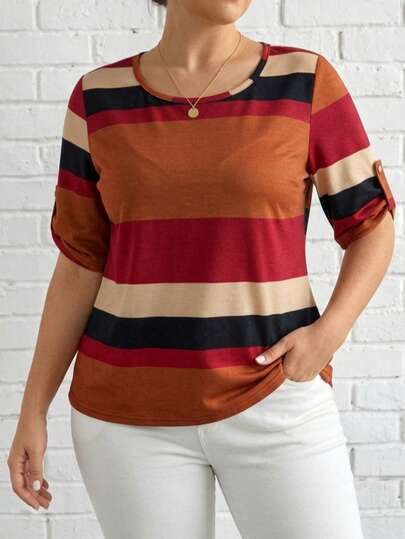 Blusa de Dama Premium de Rayas Horizontales en Tonos Tierra: Elegancia Casual con Manga Ajustable y Cuello Redondo – El Must-Have Versátil de Temporada para un Look Sofisticado y Cómodo que Realza tu Silueta con Estilo Moderno y Chic Urban