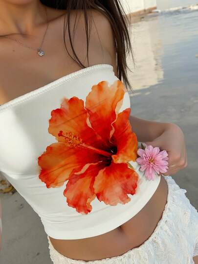 Aloruh Top bandeau casual con estampado floral hawaiano naranja para mujer, adecuado para verano, playa, festivales de música, puede usarse como cubridor de playa, bikini casual, ropa de baño cómoda o atuendo decorativo de playa