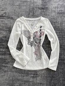 SHEIN Women's Minimalist Print Long Sleeve Top - White - View 1