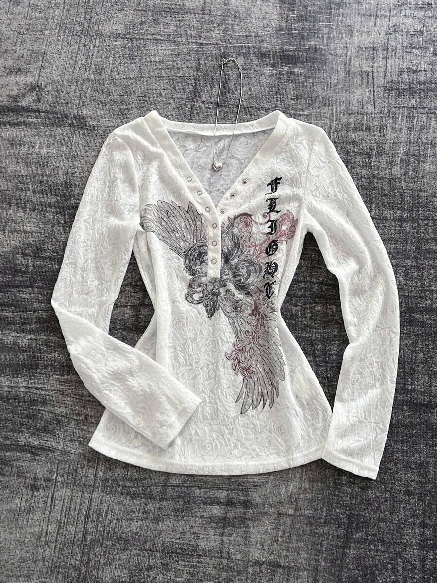 SHEIN Women's Minimalist Print Long Sleeve Top - White - View 1