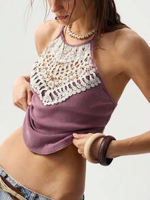 Bohemela Women's Casual Criss-Cross Backless Halter Top, Versatile For Daily Wear - Purple - View 1