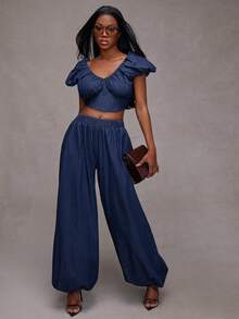 NYA SZN Bộ đồ denim đồng bộ gồm áo corset và quần ống loe. - màu đen - Xem 1