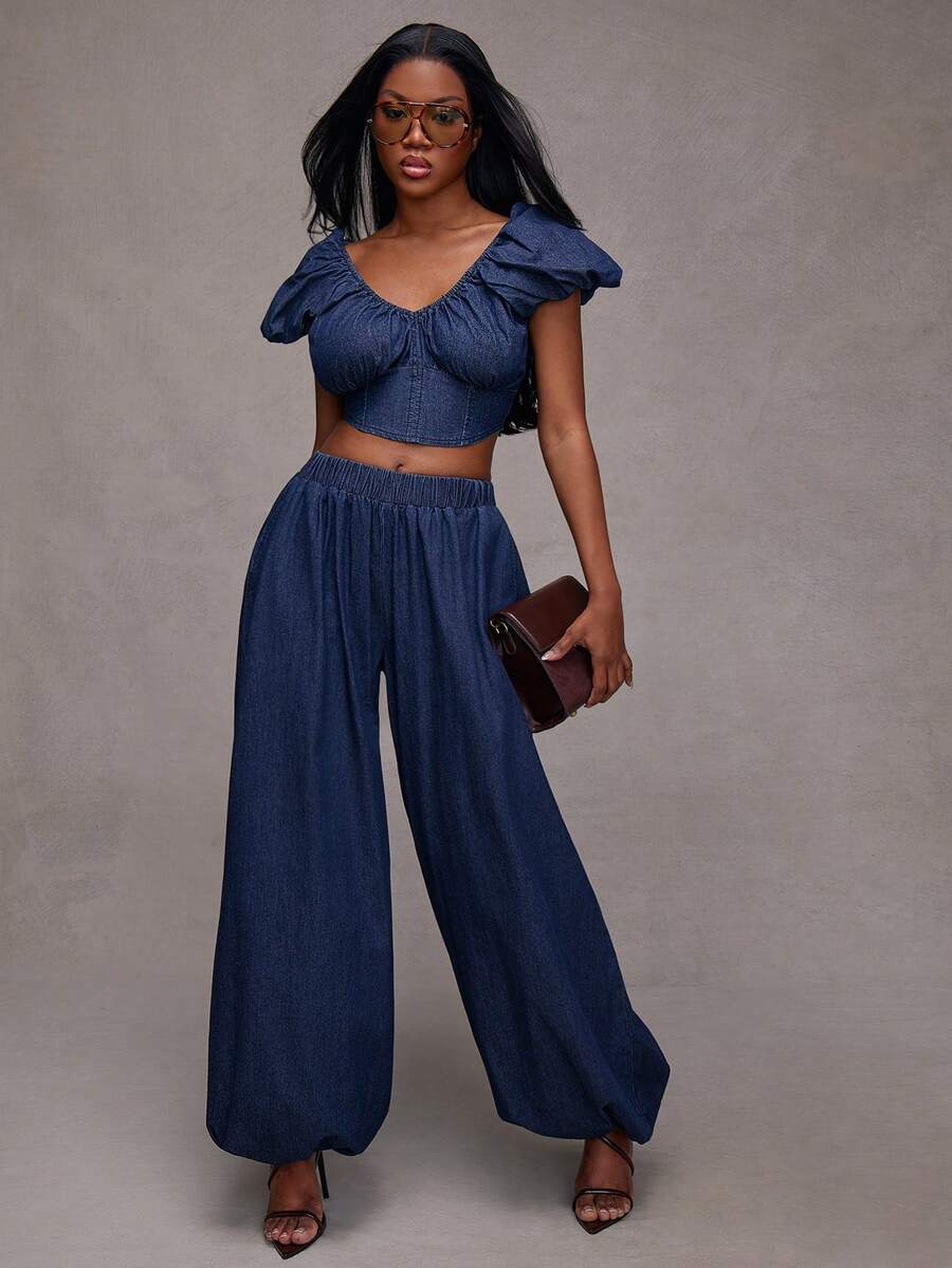 NYA SZN Bộ đồ denim đồng bộ gồm áo corset và quần ống loe. - màu đen - Xem 1