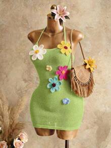 Mistrie Gaun Mini Halter Tanpa Punggung Motif Bunga untuk Liburan Pantai Wanita - Hijau - View 3