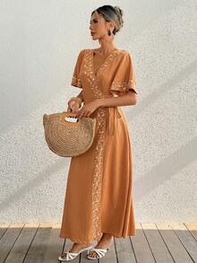 Breezaya Women's Yellow Embroidered V-Neck Dress,Short-Sleeved Boho Crossover Tie-Waist Adjustable Ruffled Summer Holiday Beach Vacation,Beige Country Style - Orange - View 7