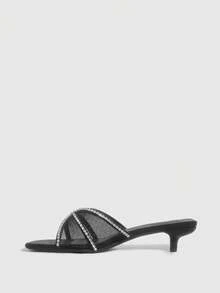 CUCCOO SZL Fashionable Square Toe Kitten Heel Black Mesh Rhinestone Chain Slip-On Open Toe Dress Sandals, Stylish & Elegant Women's Mid-Heel Mules - Black - View 9