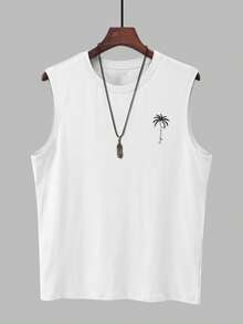 Manfinity RSRT Camiseta casual de cuello redondo con estampado de árboles de coco, versátil para uso diario, talla grande, para vacaciones - Blanco - Ver 2