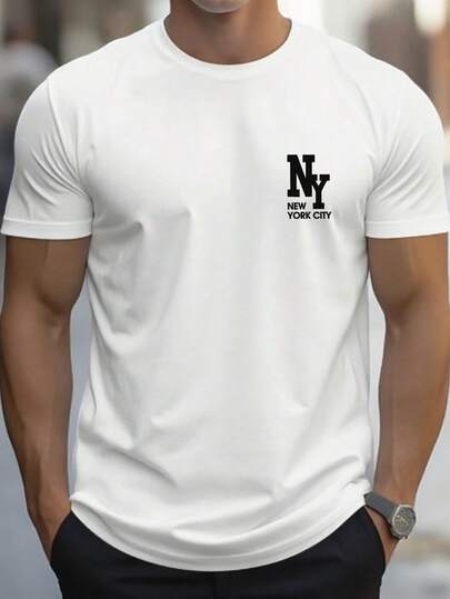 Manfinity Homme Men's Summer Casual White Black NY New York City Letter Logo Chest Print Minimalist Simple Clean Classic Graphic Print T-Shirt Vintage Streetwear Old Money Preppy American Style Going Out Vacation Holiday Office Workout Gym Sports Athletic Crew Neck Short Sleeve Slim Fit Regular Fit Breathable Soft Comfortable Tee Top,Men's Letter Print Round Neck Short Sleeve Casual Versatile T-Shirt