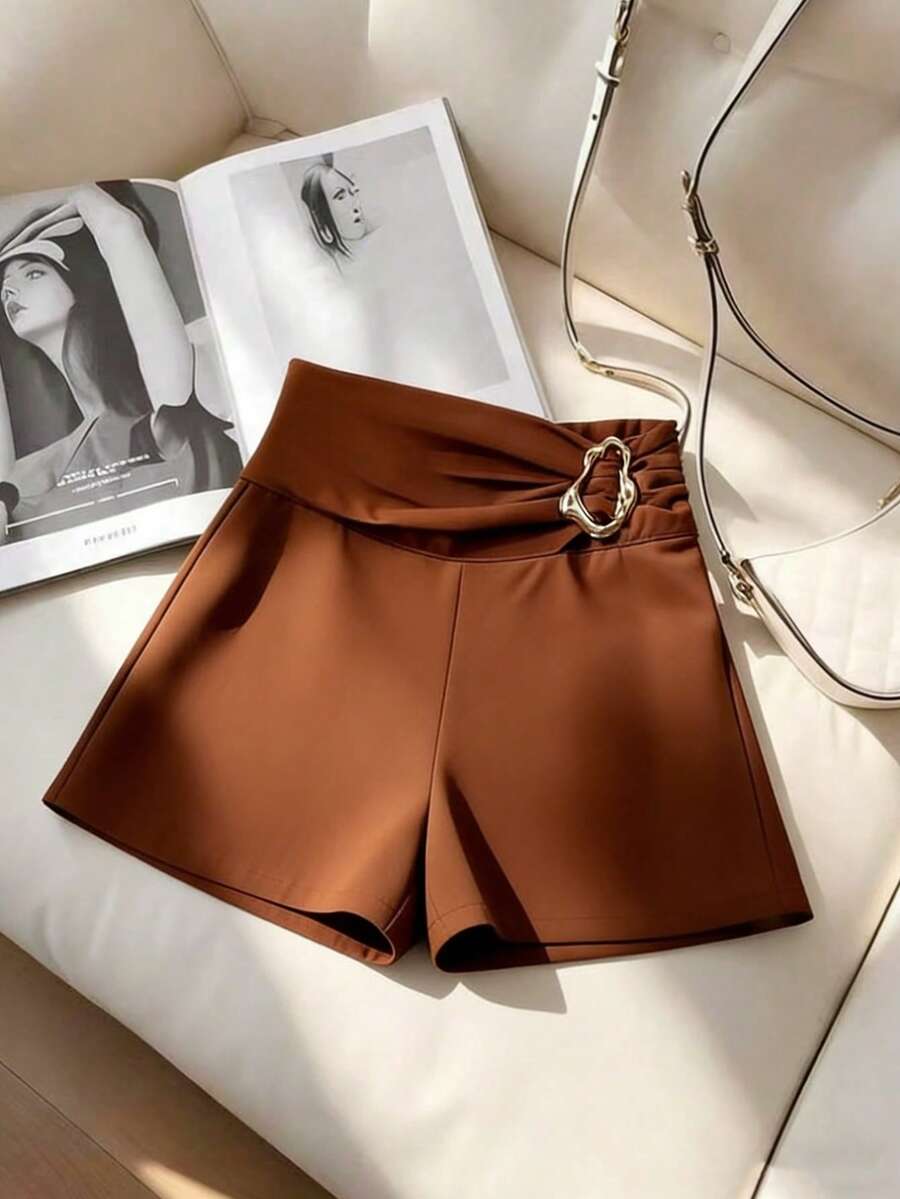 Lyxana Elegant Casual Everyday Metal Decor Ruched Women's Shorts, Summer - Brown - View 1
