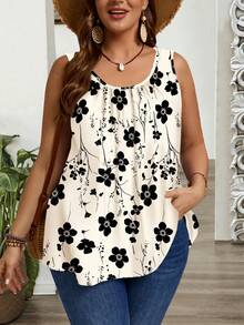 EMERY ROSE Plus Size Women Floral Print Casual Crew Neck Everyday Wear Top - Apricot - View 4