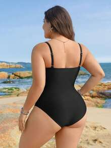 Swim Lushoire 2026 New Spring & Summer Plus Size Women Solid Color Ruched Tummy Control Casual Vacation Beach Pool Swimsuit Set - Black - View 2