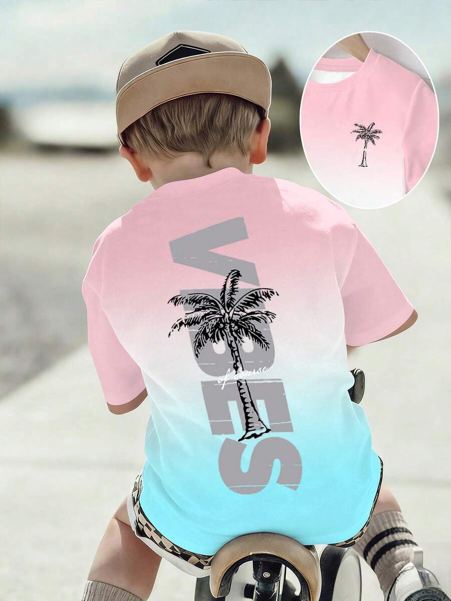 男童短袖圆领T恤，渐变印花，背面大字母印花，棕榈树度假风，时尚街头服饰，春夏旅行必备单品，休闲百搭 - 彩色 - 查看 1