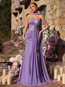 Glamrae Elegant Purple Luxury Romantic Handmade Embroidered Sequin Mermaid Hem High Stretch Mesh Tube Top With Boned Waist Ruched Fishtail Hem (Detachable Halter Included), Suitable For Dates, Vacations, Singles Parties, Weddings, And All Formal Occasions, Women's Evening Gown - Purple - View 2