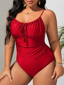 SHEIN Swim Curve 大码女士纯色褶皱扭结连体泳衣，适合海滩度假、泳池派对、沙滩派对 - 紅色 - 查看 5