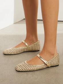 SHUZIA 女士休闲编织 PU 方头舒适玛丽珍芭蕾平底鞋 - 金色 - 查看 8