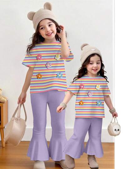 2pcs/Set Toddler Girls' Colorful Striped Print Top & Purple Bell-Bottom Pants Set, Floral Print, Casual Basic Outfit, Suitable For Spring, Summer, Autumn, Winter, Rainbow & Flower Design, Adorable