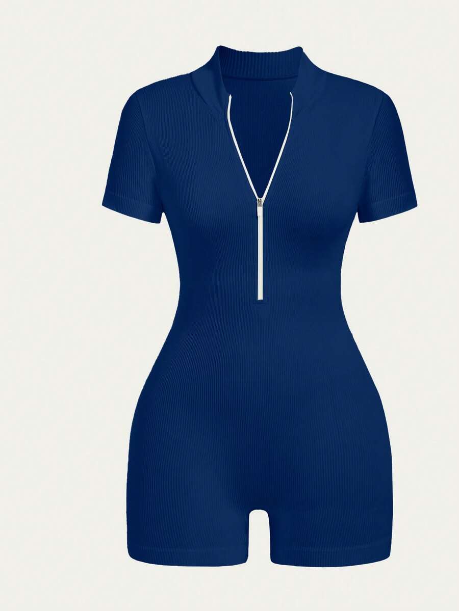 Dewbera Dewbera 纯色短袖修身连体裤 - 藏蓝色 - 查看 1