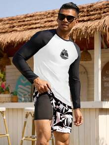 CoralVoy Conjunto de traje de baño casual de vacaciones de playa con estampado de palmeras, de manga larga y pantalones cortos para hombre - Multicolor - Ver 4