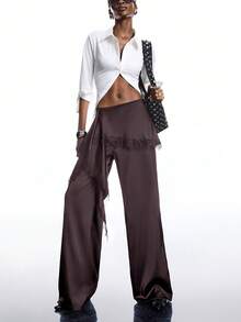 LYSMO Quần ống rộng dáng suông phối ren màu nâu tối giản mới năm 2026, đa năng, thích hợp cho việc đi làm. - màu nâu - Xem 5