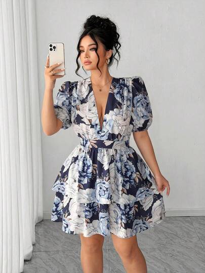 SHEIN Elenzya Vestido vintage con estampado floral ajustado de talla grande, adecuado para fiesta de San Valentín