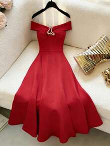 SHEIN LUNE Women's Elegant Red Summer Party Dress, Off Shoulder One Neck Medium To Long Formal Dress,Waist Cinching Metal Decoration Wedding Bridesmaid Prom - Red - View 1